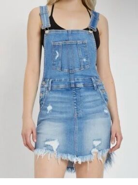 Risen Light Wash Distressed Denim Overall Skirt